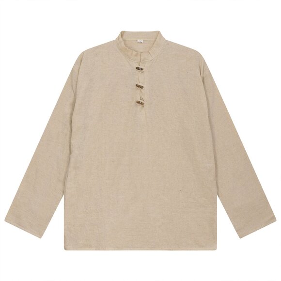 Men casual beige Shirt Collarless Plain Cotton LongSleeve button Top cotton boho - Picture 1 of 2